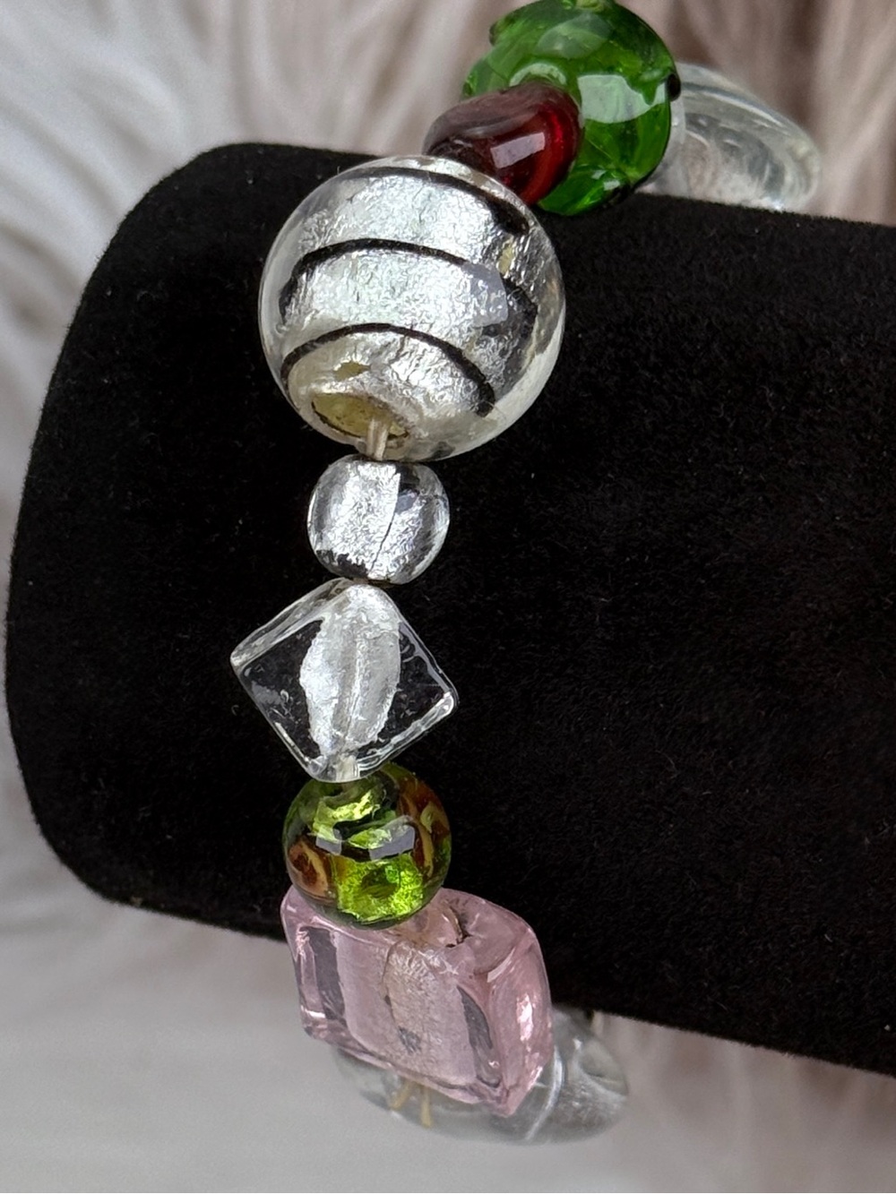 Art Glass Foil Bead Stretch Bracelet Multicolor Chunky Statement